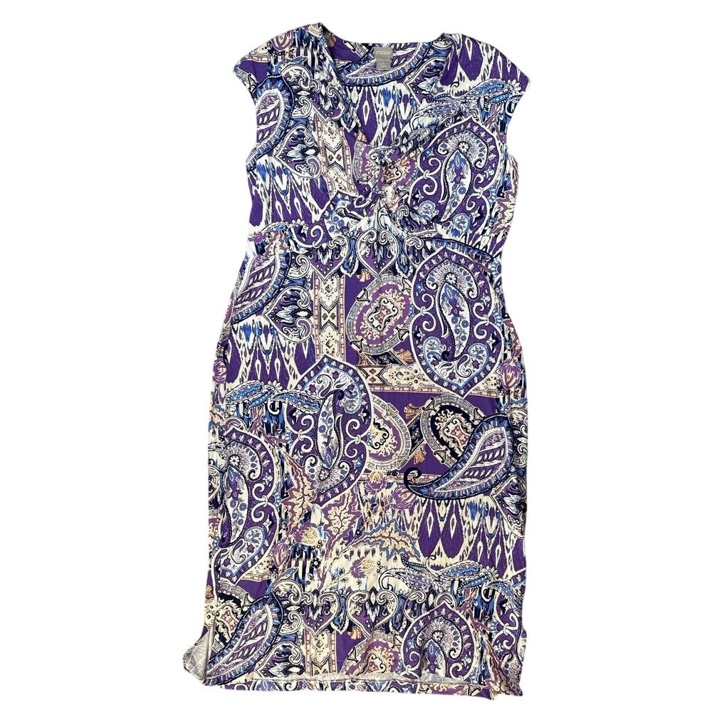 Chicos Dress Cap‎ Sleeve Midi Paisley Purple Size 12 / 14
